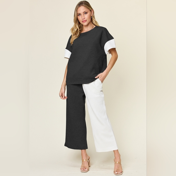 Double Take Full Size Texture Contrast T-Shirt and Wide Leg Pants Set - Picture 1 of 16
